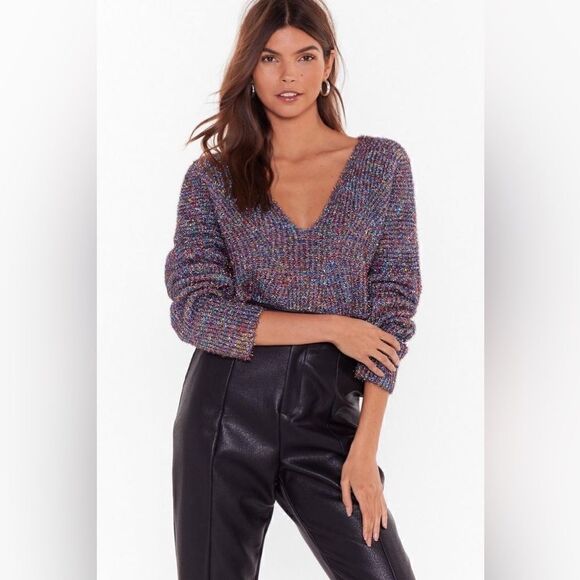 Nasty Gal Tinsel Time Pink Multicolor Sweater Crop V Neck  Size M - Picture 6 of 11